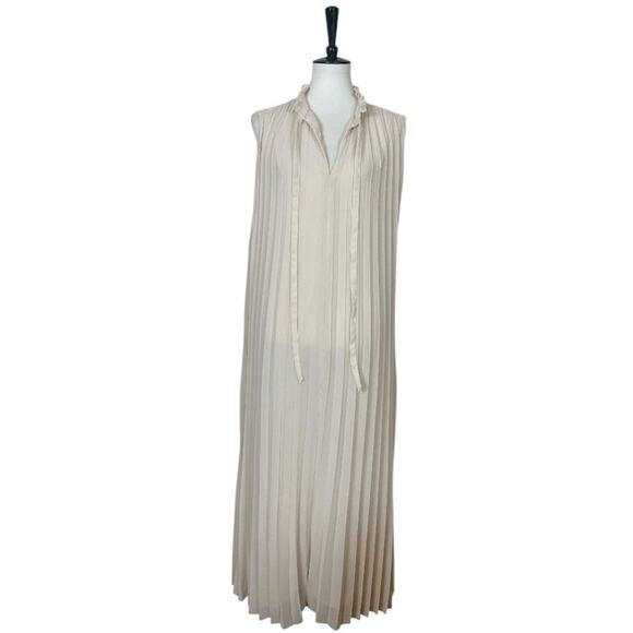H&M Midi Dress Pleated Tie V-neck Cream Ivory Lined Chiffon Women’s Size Large - Picture 1 of 11